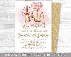 a pink and gold 21st birthday party with balloons, champagne bottle and heart shaped balloons