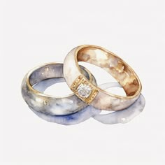 two wedding rings sitting on top of each other in front of a white background with watercolor