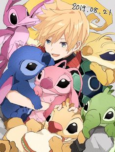 an anime character surrounded by stuffed animals and pokemon characters, with the date 2013 28 21