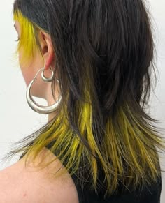 Black Hair Yellow Streaks, Brown Hair With Yellow Underneath, Black And Yellow Hair Dye, Yellow Hair Underneath, Yellow Highlights Hair, Rainbow Shag Hair, Yellow Peekaboo Hair, Brown Hair Yellow Highlights, Black Hair With Orange Highlights