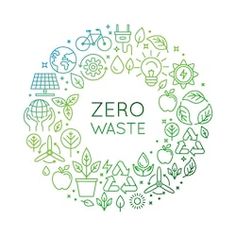 the word zero waste surrounded by various icons and symbols in a circle on a white background