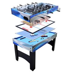 two tables with foosball and air hockeys on them, one is black and the other is blue