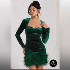 Worn Once. Got So Many Compliments And It Fits Great And Comfy. Zips In The Back. Green Christmas Cocktail Dress, Fitted Cocktail Dress With Feather Trim, Fitted Feather Trim Cocktail Dress, Fitted Feather Trim Dress For Winter, Fitted Winter Dress With Feather Trim, Green Long Sleeve Mini Dress For Formal Occasions, Long Sleeve Mini Dress With Feather Trim For Winter, Green Long Sleeve Dinner Dress, Fitted Feathered Evening Dress