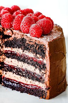 a chocolate raspberry cake on a white plate with the title in the middle