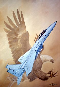 a painting of an eagle flying next to a fighter jet