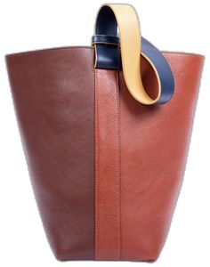 Designer Brown Top Handle Bucket Bag, Rectangular Leather Bucket Bag For Business, Designer Everyday Bucket Bag, Designer Textured Leather Bucket Bag For Shopping, Cognac Bucket Shoulder Bag, Brown Calf Leather Bucket Bag, Designer Bucket Shoulder Bag With Leather Lining, Designer Bucket Bag With Leather Handles For Office, Brown Calf Leather Bucket Bag With Leather Lining