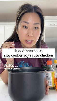 a woman holding up a piece of paper that says lazy dinner idea rice cooker soy sauce chicken