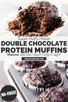 chocolate muffins with text overlay that reads, super fluffy moist double chocolate protein muffins