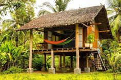 a house with a hammock hanging from it's roof in the jungle