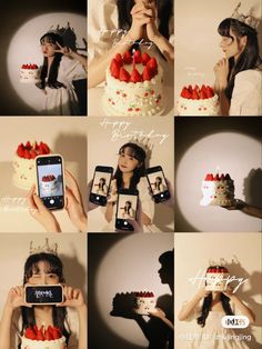 a collage of photos showing different people taking pictures with their cell phones and cake