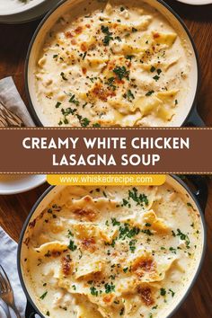 creamy white chicken lasagna soup in a skillet