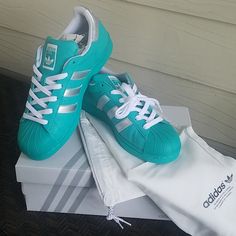 Aqua And Silver, Size Us 8, Never Worn, Brand New, Extra Aqua Laces, Custom Designed Shoes Custom Design Shoes, Paint Colors For Home, Adidas Shoes, Adidas Women, Blue And Silver, Adidas Sneakers, Custom Design, Adidas, Brand New