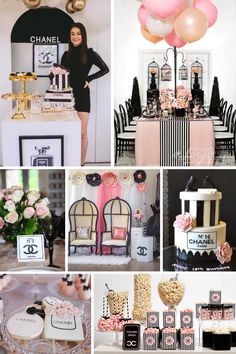 a collage of photos with pink and black decorations