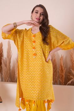 Yellow kimono style kurta with gota, thread, shell tassel embroidery in wave pattern. Paired with slip and scallop dhoti pant. - Aza Fashions Tassel Embroidery, Yellow Kimono, Yellow Kurta, Dhoti Pants, Kimono Style, Wave Pattern, Pant Set, Kimono Fashion, Set For Women