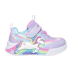 Sparkle and shine in style wearing Skechers S-Lights Unicorn Chaser. This sporty Magical Collection lighted design features a synthetic glitter finish upper with unicorn and rainbow side graphic, stretch laces, adjustable instep strap, and a cushioned comfort footbed. Bonus gift with purchase. | Skechers Girl's S-Lights: Unicorn Chaser Sneaker | Medium Width | From Skechers' thematic Magical Collection | Toddler sizes do not feature on/off light button | Skechers easy on, easy off Adaptive Closu Unicorn Shoes, Unicorn And Rainbow, Girls Shoes Sneakers, Insole Design, Purple Sneakers, Waterproof Sneakers, Princess Shoes, Girls Shoes Kids, Unicorn Gifts