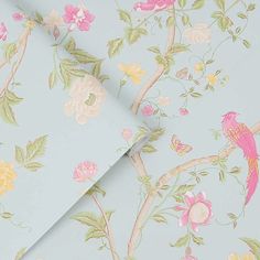 a wallpaper with flowers and birds in pastel blue color, on top of a light blue background