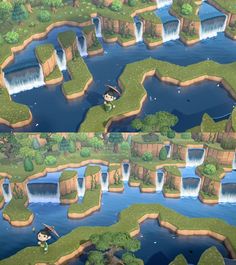 an aerial view of a river and island in the game animal crossing, which includes several small waterfalls