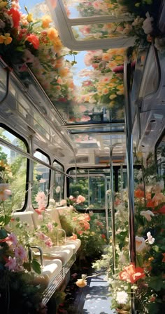 the interior of a bus with flowers painted on the ceiling and windows above it,