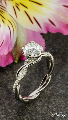 a close up of a ring with a flower in the background