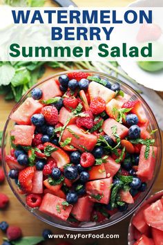 watermelon, blueberries and raspberry salad on a cutting board