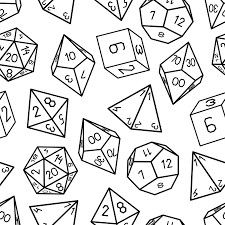 black and white drawing of dices with numbers on them, all in the same pattern