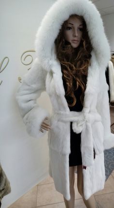 White Hooded Outerwear, White Fur Coat For Winter, White Hooded Fur Coat For Fall, White Hooded Fur Coat For Winter, White Long Sleeve Fur Coat For Spring, Casual White Fur Coat For Spring, White Long Sleeve Spring Fur Coat, Casual White Spring Fur Coat, Fitted White Fur Coat For Spring