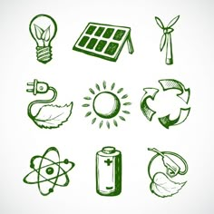 green energy icons set - miscellaneous objects / items that are drawn in pencil on paper