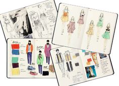 four fashion sketches are shown in three different styles and colors, each with an individual's own design