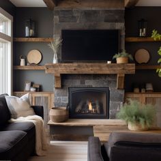 Please do not purchase a Mantel or shelves without first filling out the Quote Form and receiving a quote from us. Quote Form: https://form.jotform.com/240524957086059 Transform your fireplace into a focal point of rustic elegance with our Reclaimed Wood Beam Fireplace Mantels with Matching Shelves collection. Crafted from exquisite reclaimed pine wood beams, each mantel radiates timeless charm and character, while the accompanying shelves offer both aesthetic appeal and practical functionality. Stone Fireplace Black Built Ins, Den With Brick Fireplace, Reclaimed Wood Fireplace Wall, Cubby Next To Fireplace, Fireplace Wall With Bookshelves, Wood Burning Stove Fireplace Surround, Dark Gray Stone Fireplace, Redoing A Fireplace, Reclaimed Wood Fireplace Surround