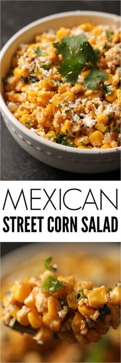 mexican street corn salad with cilantro and parsley in a white serving dish