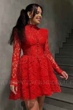 Red Long Skeeves SHort Homecoming Dress High Neck Floral Lace Knee Length Party Dress | Babyonlinewholesale Dresses For Winter, Dog Remedies, Dress High Neck, Short Homecoming Dress, Dresses Homecoming, Dresses Evening, Pink Candy, Evening Dresses Prom, Homecoming Dress