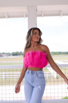 Cute Hot Pink Outfits, Pink Ruffle Top Outfit, Hot Pink Top Outfit Summer, Neon Pink Top Outfit, Jeans And Pink Top Outfit, Bright Pink Top Outfit, Hot Pink Top Outfit, Pink Top And Jeans Outfit, Hot Pink Outfit Ideas