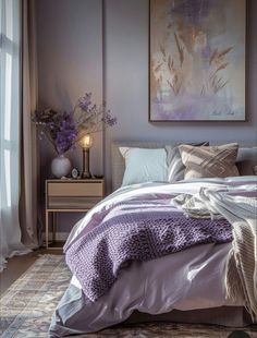 a bedroom with purple walls and white bedding, an art work on the wall