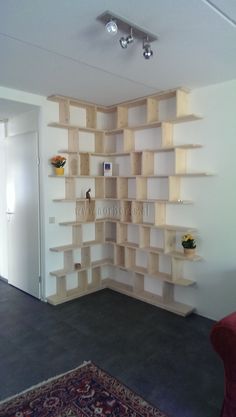 an empty room with several shelves on the wall and a rug in front of it