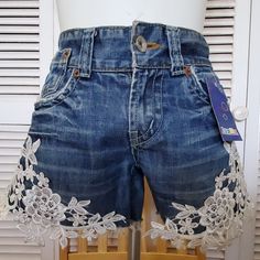 Denim Shorts W/Lace Front Lace Jean Shorts, Daisy Duke Shorts, Purse Ideas, Lace Denim Shorts, Jean Short Outfits, Vintage Denim Shorts, Wrangler Shorts, White Jean Shorts, Shorts Denim