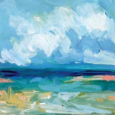 an abstract painting of blue, green and white clouds over the ocean on a sunny day