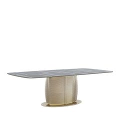 a table that has a metal base and a glass top on the bottom, with a white background