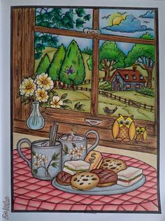 a painting of food on a table next to a window with flowers and birds outside