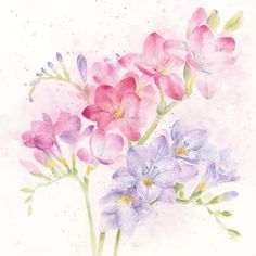 watercolor painting of pink and purple flowers