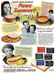 an advertisement from the 1950's shows people eating sandwiches