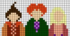 two people are standing next to each other in front of a cross stitch pattern that looks like pixel art