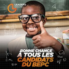 a young boy wearing glasses and pointing at the camera with words above him that read, bonne chance a tous les candids du bec