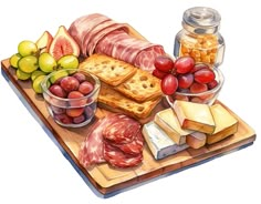 a painting of food on a cutting board with cheese, meats and fruit in bowls