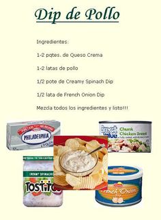 the menu for dip de pollo is shown with different types of chips and dips