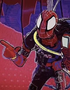 spider - man is riding on a bike in front of a red and blue background