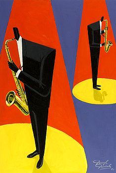 a painting of a man playing the saxophone