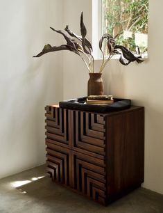 a vase with some plants in it on top of a wooden cabinet next to a window