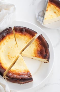 a piece of cheesecake on a plate with a knife and fork next to it