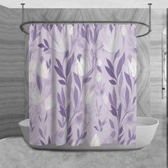 a shower curtain with purple leaves on it