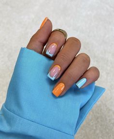 Summer Nails Art 2023, Gel Nail Manicure Ideas Summer, Electric Blue And Orange Nails, Cute Matte Nail Designs, Simple Summer Nail Inspo Short, Nail Tip Ideas French, Summer Nails 2023 Color Trends Square, Fun French Tip Nails Square, Light Blue And Orange Nails